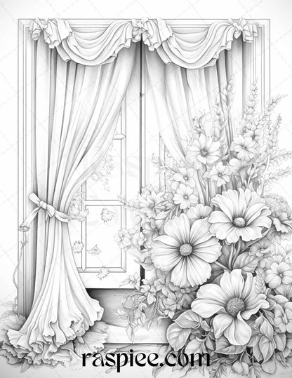 50 Blooming Windows Grayscale Coloring Pages Printable for Adults, PDF File Instant Download