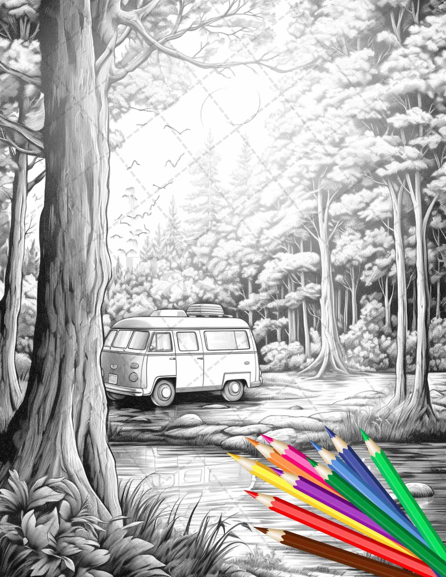 30 Campervan Adventure Grayscale Coloring Pages Printable for Adults, PDF File Instant Download