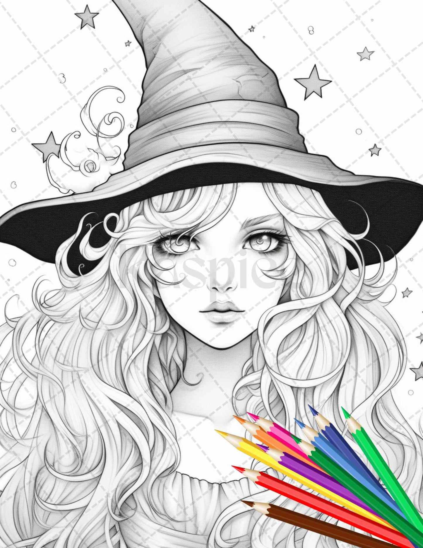 40 Cute Witches Coloring Pages Printable for Adults, Grayscale Coloring Page, PDF File Instant Download