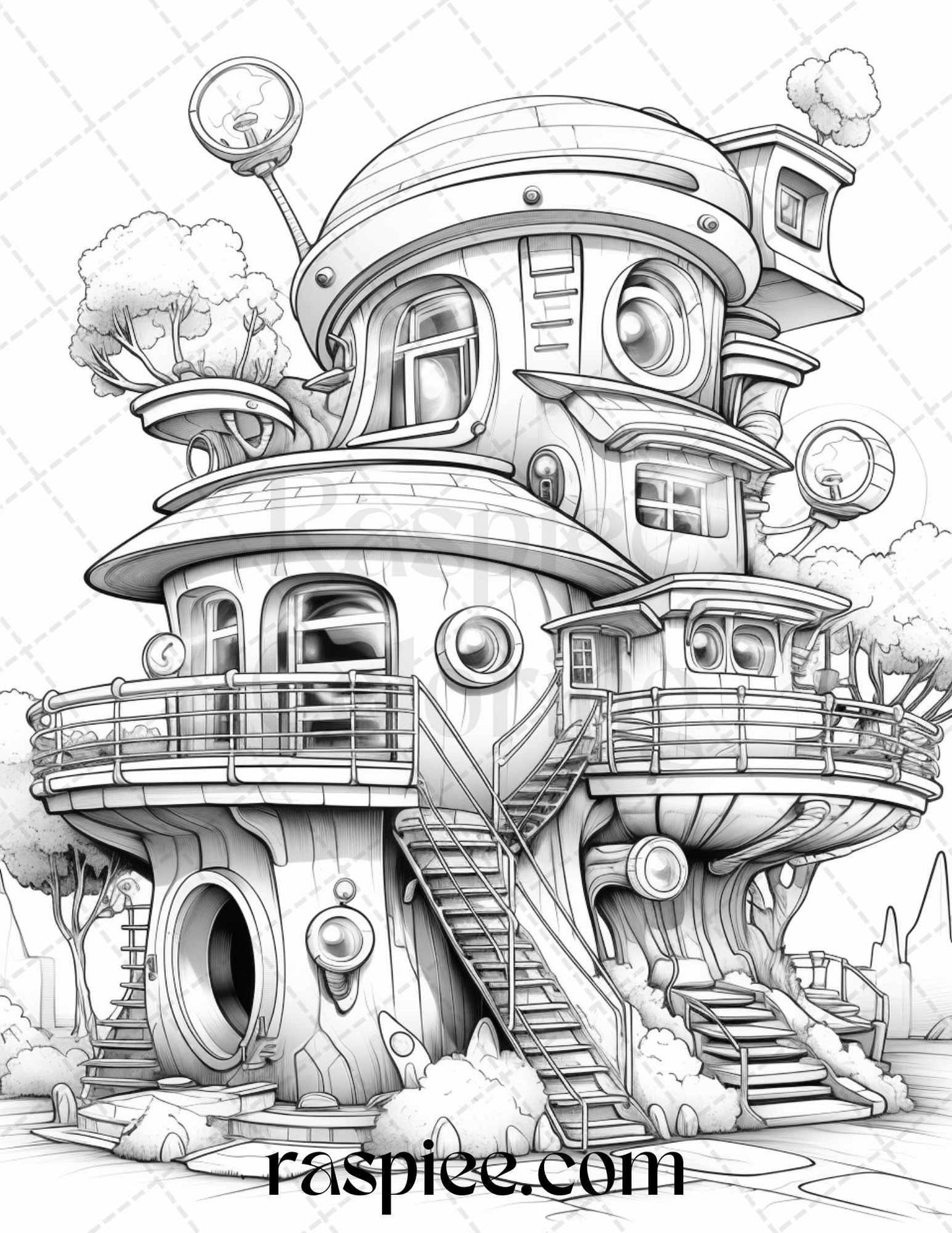 43 Futuristic Houses Grayscale Coloring Pages Printable for Adults, PDF File Instant Download