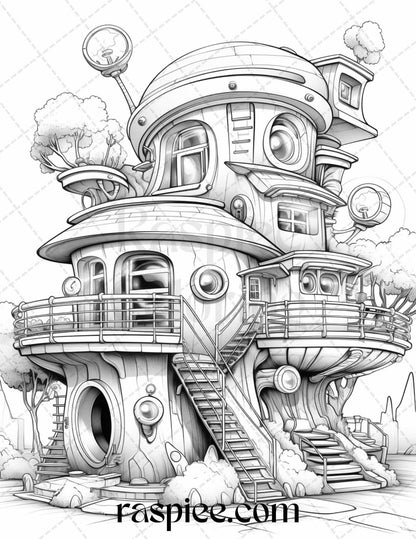 43 Futuristic Houses Grayscale Coloring Pages Printable for Adults, PDF File Instant Download