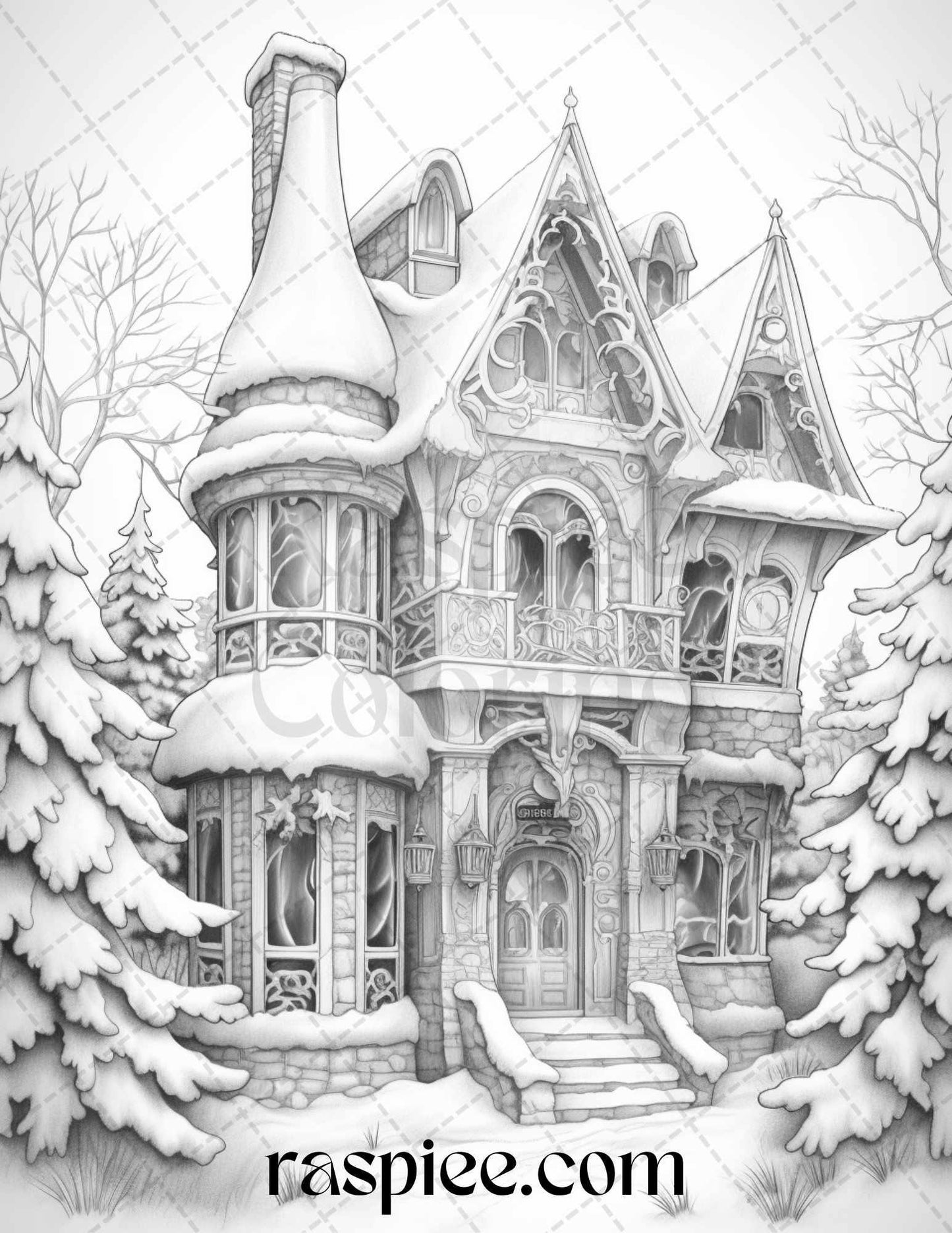 42 Fantasy Christmas Houses Grayscale Coloring Pages Printable for Adults, PDF File Instant Download