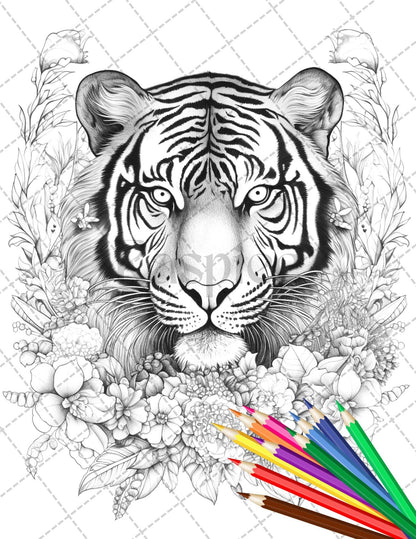 30 Animal Floral Printable Coloring Pages for Adults, Grayscale Coloring Book, Printable PDF File Download