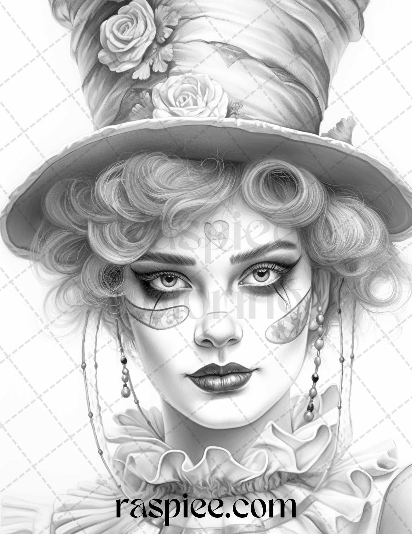 42 Beautiful Clown Girls Grayscale Coloring Pages Printable for Adults, PDF File Instant Download