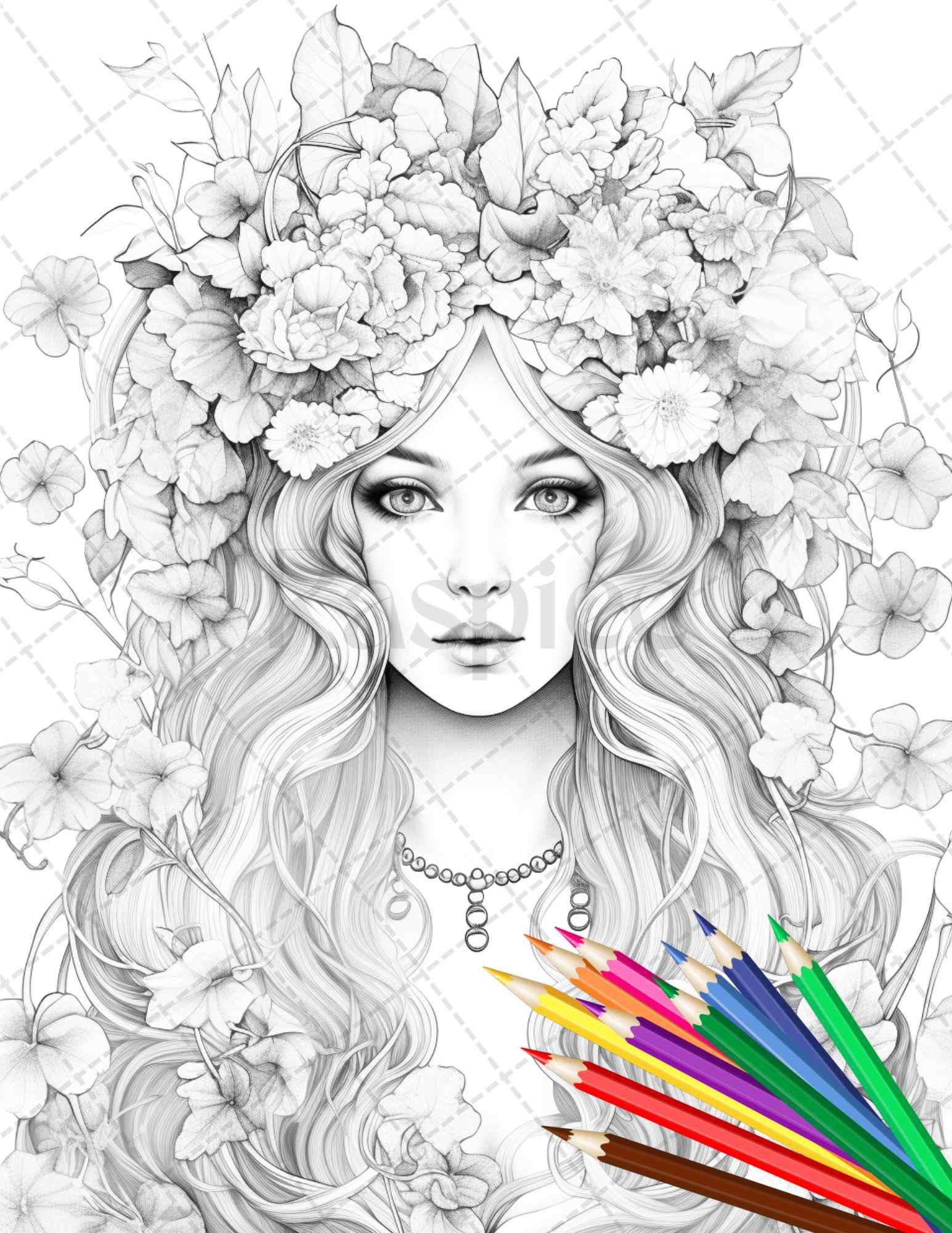 38 Flower Goddess Coloring Pages Printable for Adults, Grayscale Coloring Page, PDF File Instant Download