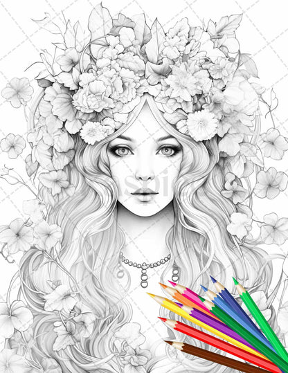 38 Flower Goddess Coloring Pages Printable for Adults, Grayscale Coloring Page, PDF File Instant Download