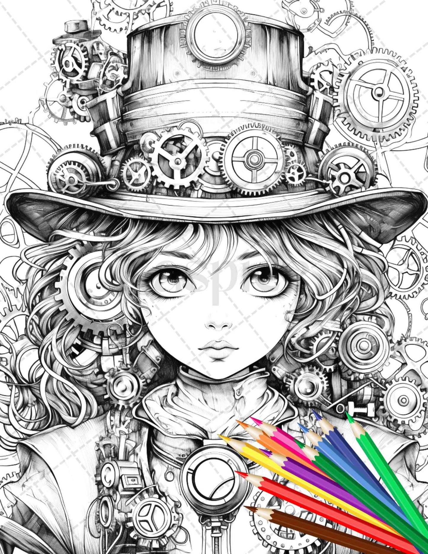 31 Adorable Steampunk Girls Coloring Pages Printable for Adults, Grayscale Coloring Page, PDF File Instant Download