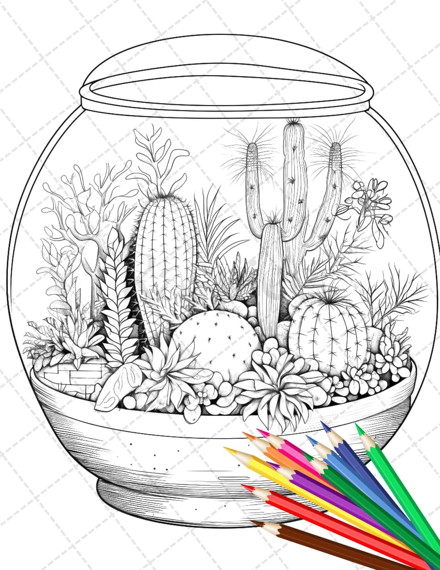 34 Enchanted Terrarium Grayscale Coloring Pages Printable for Adults, PDF File Instant Download