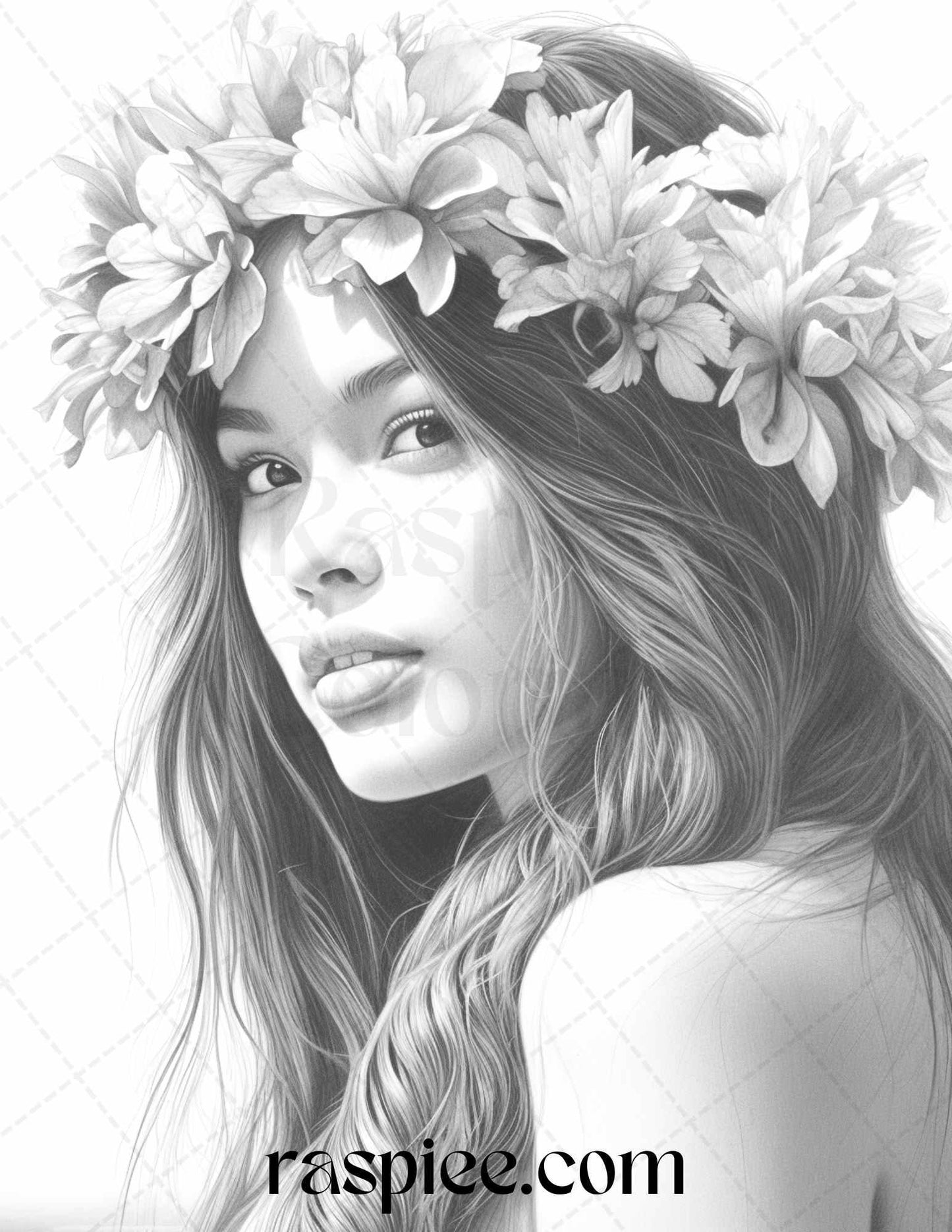 40 Hawaiian Girls Grayscale Coloring Pages Printable for Adults, PDF File Instant Download