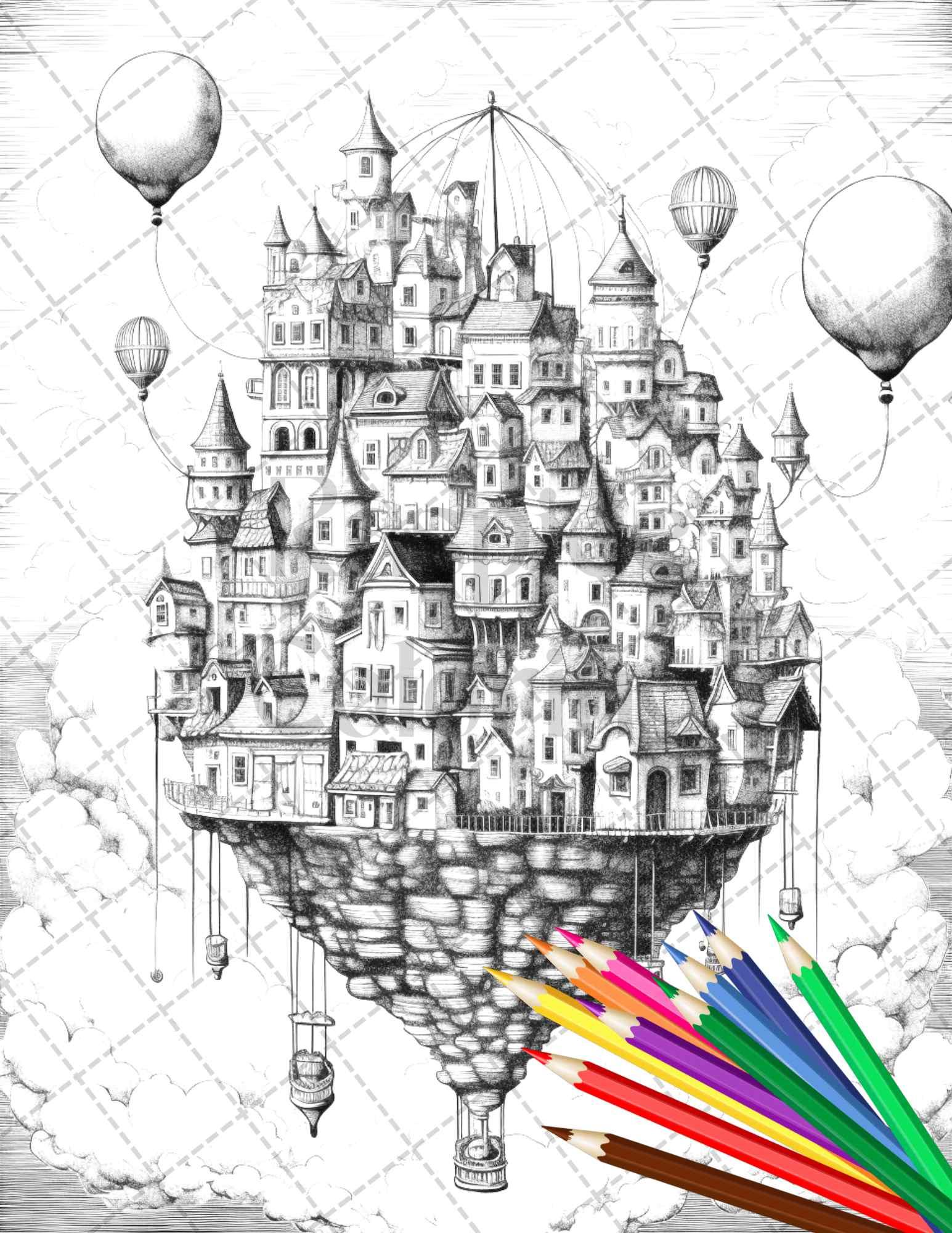 40 Fantasy Sky Houses Grayscale Coloring Pages Printable for Adults, PDF File Instant Download