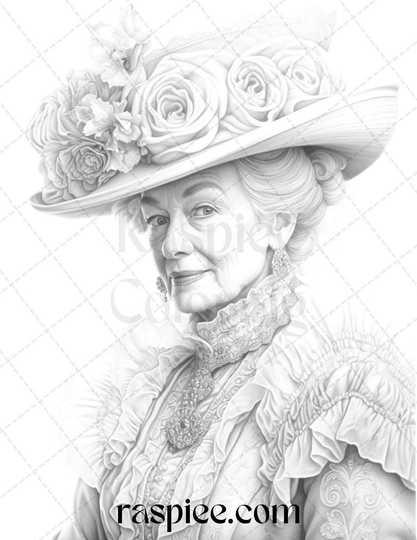 50 Victorian Grandma Grayscale Coloring Pages Printable for Adults, PDF File Instant Download