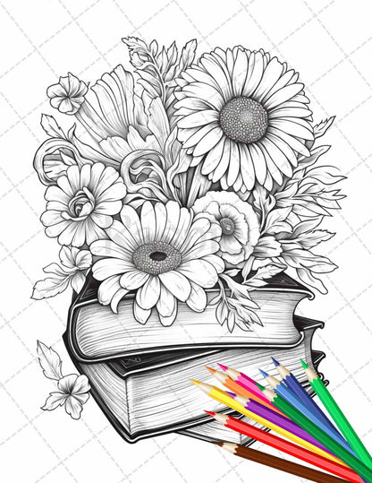 31 Book Flowers Coloring Pages Printable for Adults, Grayscale Coloring Page, PDF File Instant Download