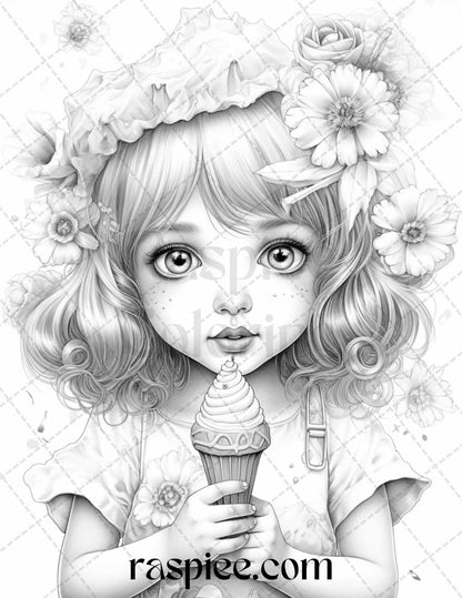 42 Adorable Girls with Ice Cream Grayscale Coloring Pages Printable for Adults Kids, PDF File Instant Download