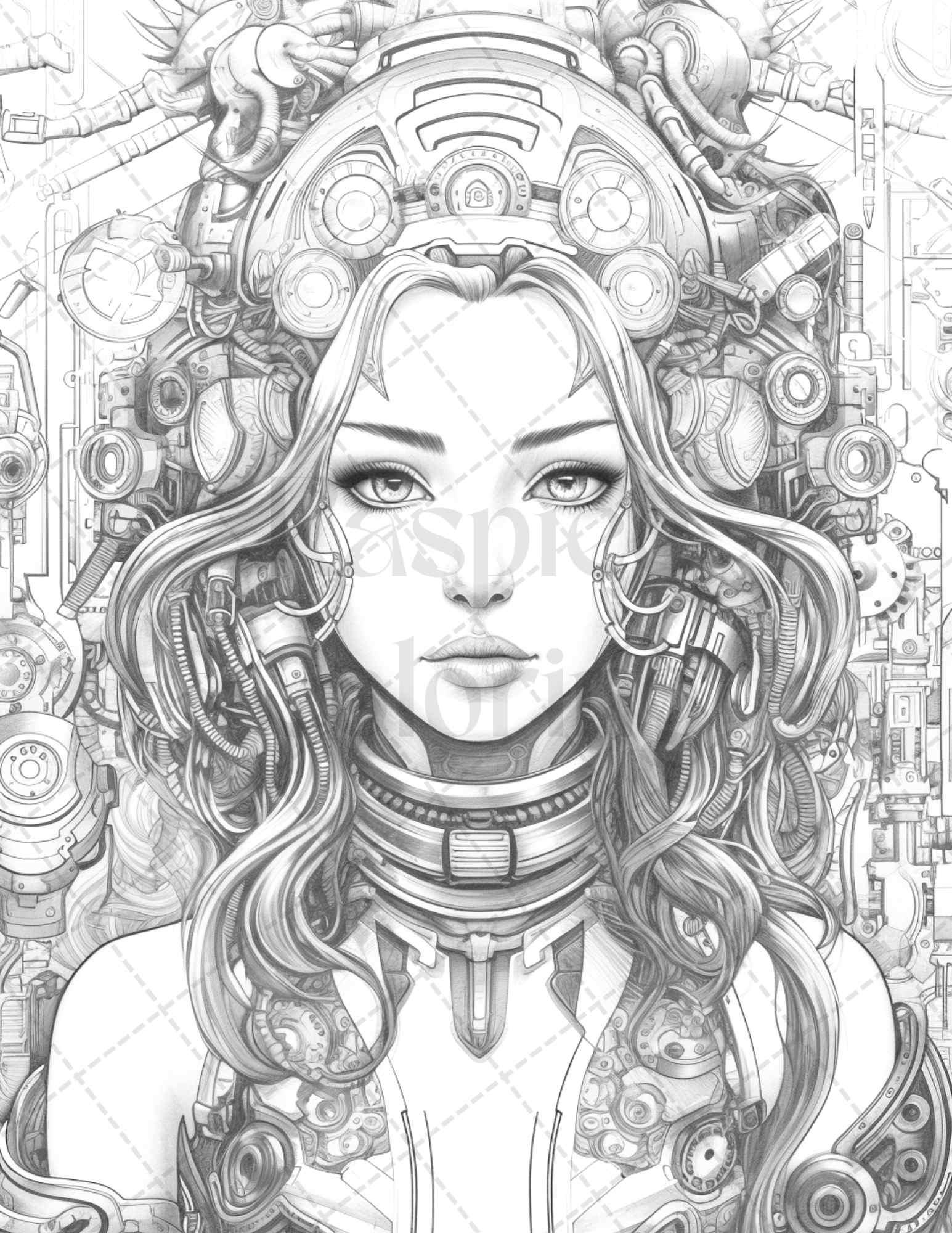 40 Beautiful Cyborg Girls Grayscale Coloring Pages Printable for Adults, PDF File Instant Download