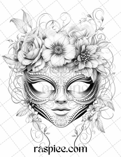 40 Masquerade Masks Grayscale Coloring Pages Printable for Adults, PDF File Instant Download