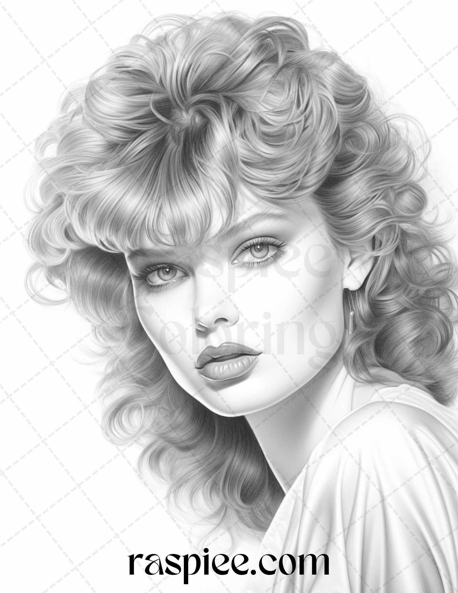 1980s Retro Beautiful Women Grayscale Coloring Pages for Adults, PDF File Instant Download