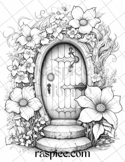 40 Flower Fairy Doors Grayscale Coloring Pages Printable for Adults, PDF File Instant Download