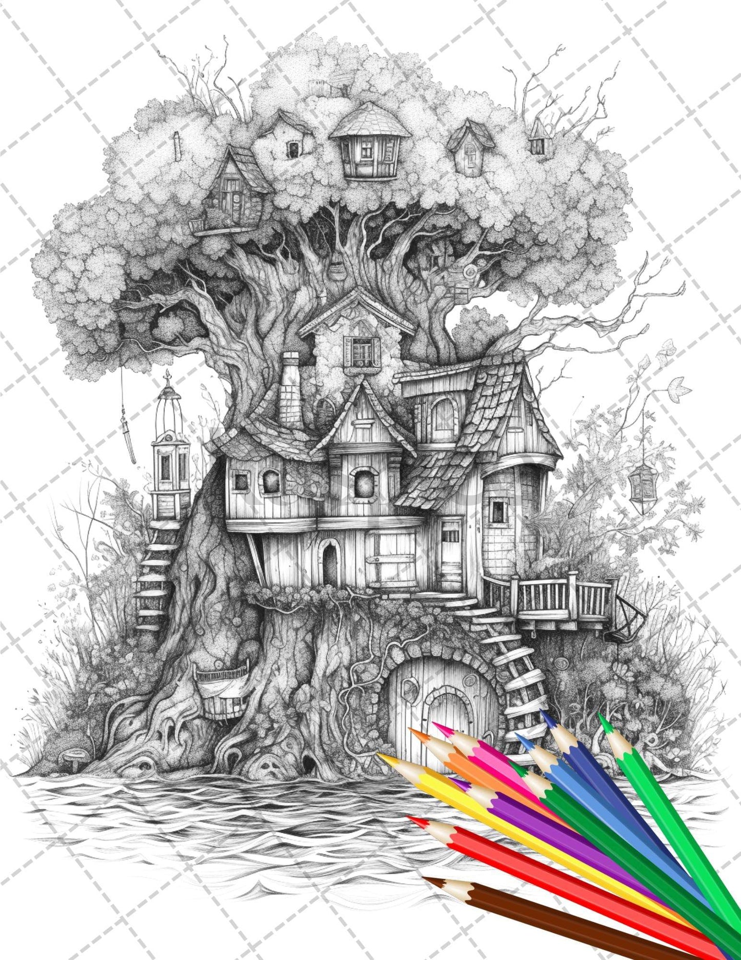 30 Fantasy Fairy Houses Coloring Page Book, Printable Adult Coloring Pages, Enchanted Fairy Home Grayscale Coloring Book, Printable PDF File