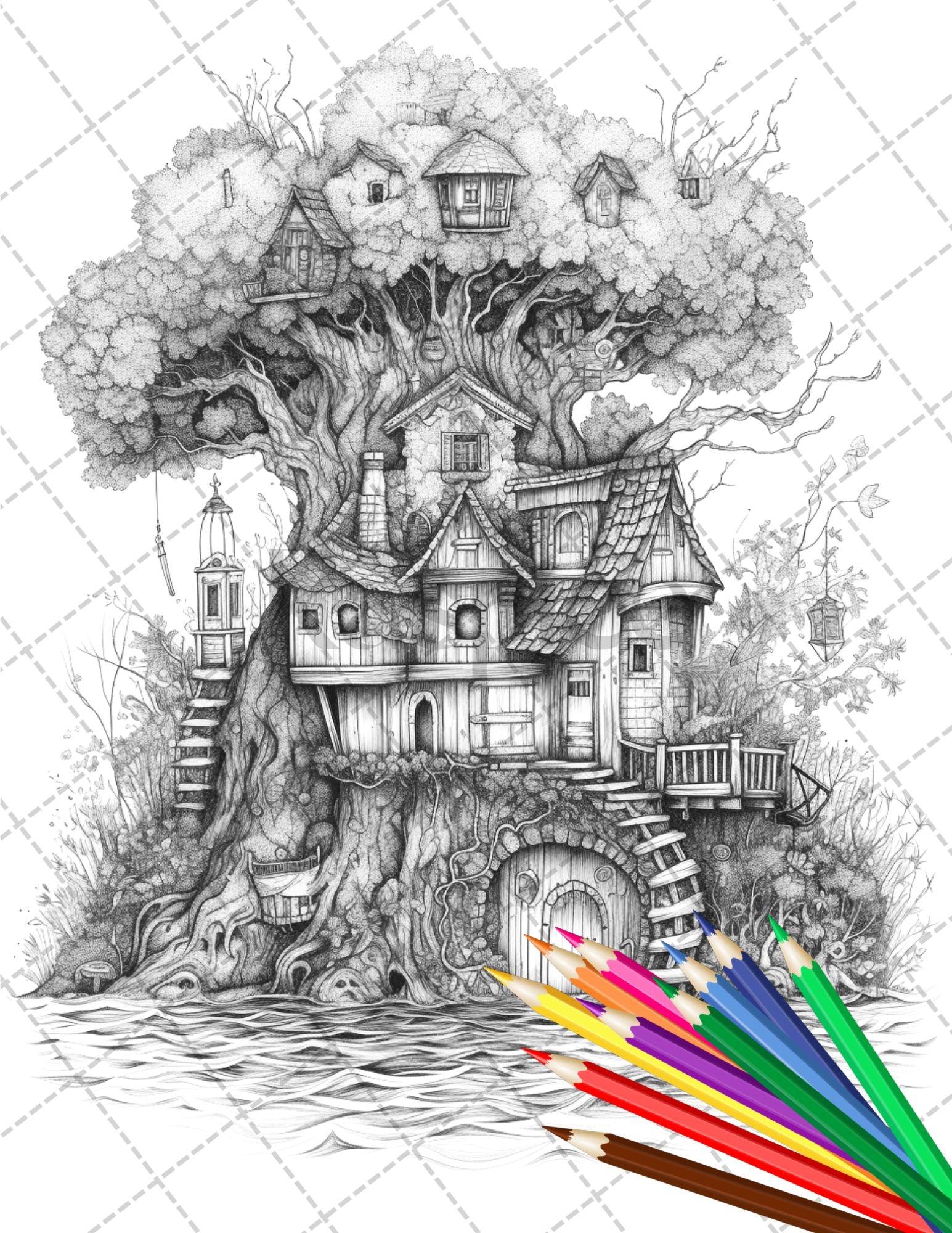 30 Fantasy Fairy Houses Coloring Page Book, Printable Adult Coloring Pages, Enchanted Fairy Home Grayscale Coloring Book, Printable PDF File