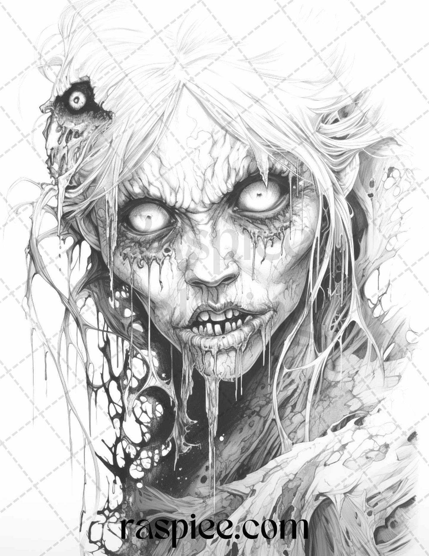 40 Scary Zombie Girls Grayscale Coloring Pages Printable for Adults, PDF File Instant Download