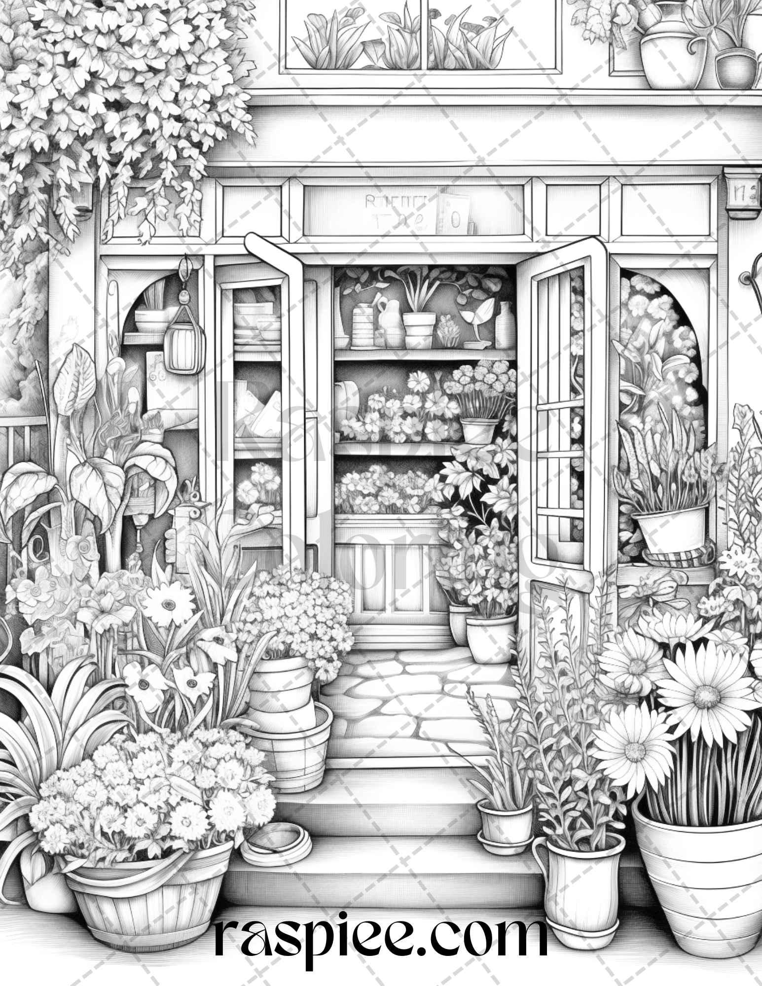 45 Flower Store Front Grayscale Coloring Pages Printable for Adults, PDF File Instant Download