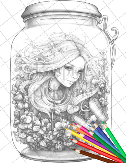 40 Beautiful Fairies in Jar Grayscale Coloring Pages Printable for Adults, PDF File Instant Download