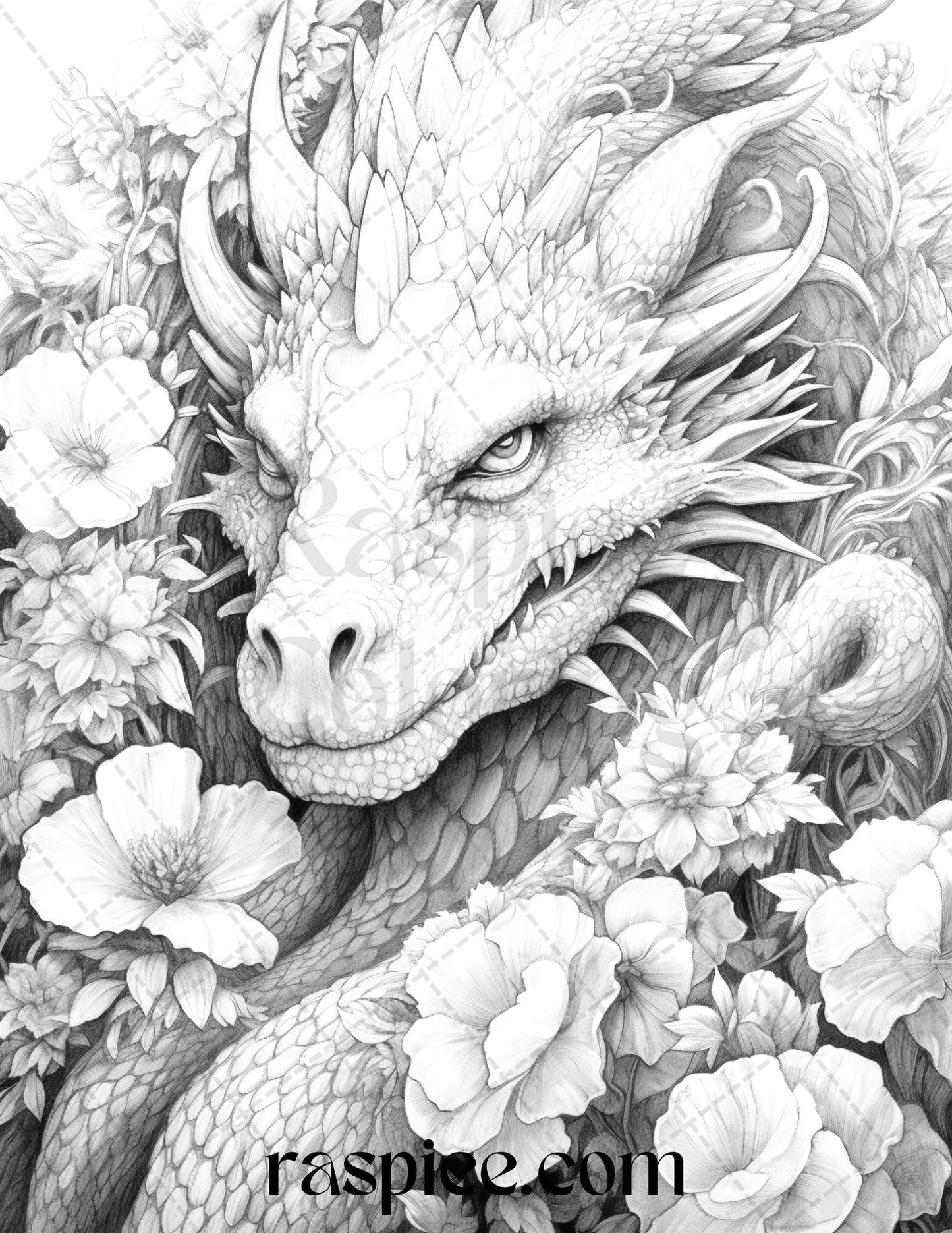 40 Flower Dragon Grayscale Coloring Pages Printable for Adults, PDF File Instant Download