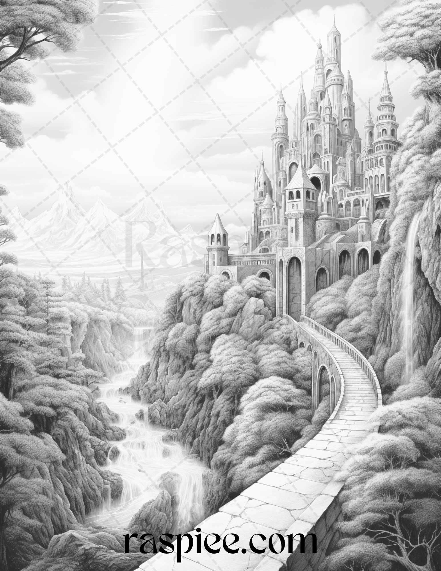 40 Fantasy Landscapes Grayscale Coloring Pages Printable for Adults, PDF File Instant Download