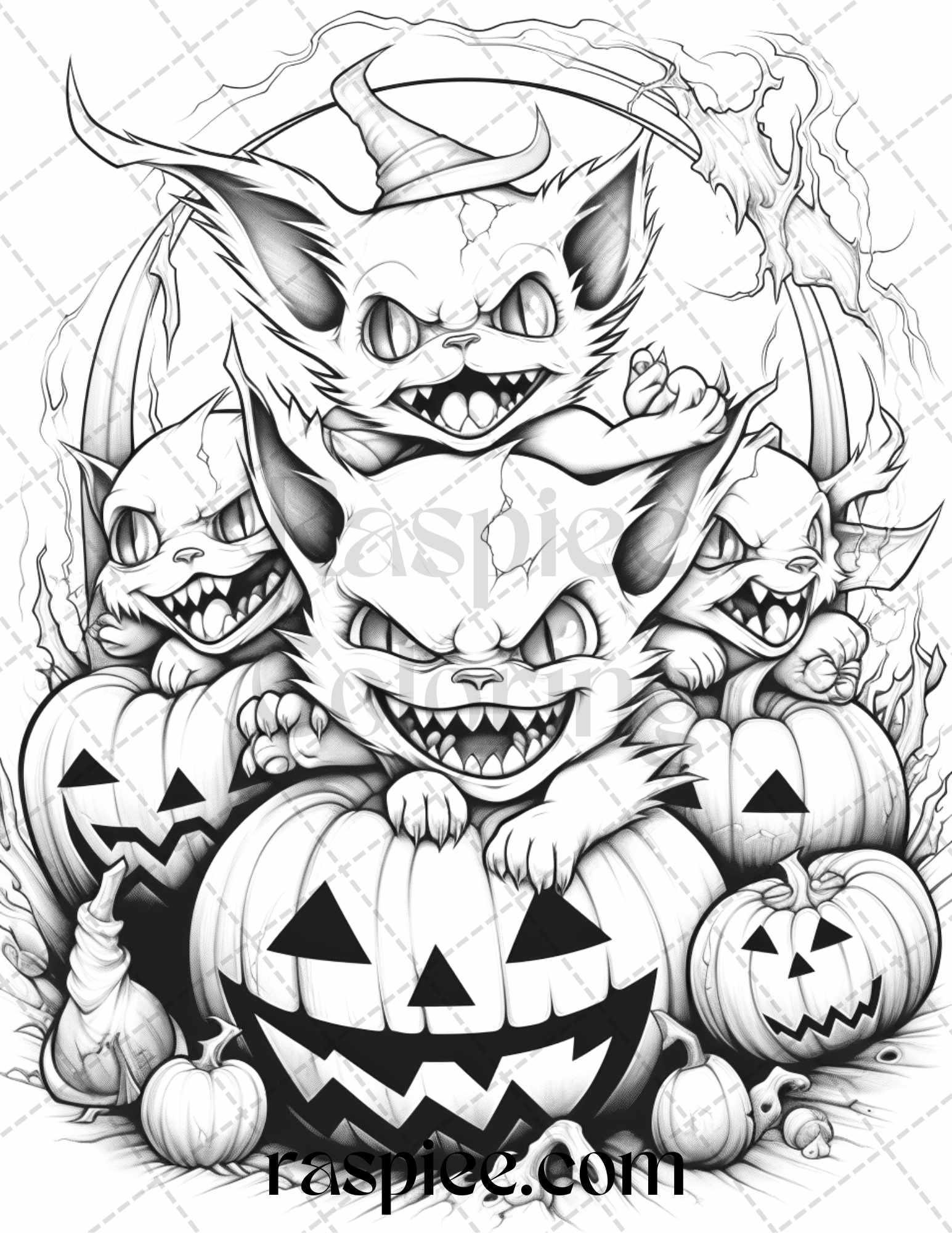 40 Halloween Creepy Kawaii Grayscale Coloring Pages for Adults and Kids, Printable PDF File Instant Download