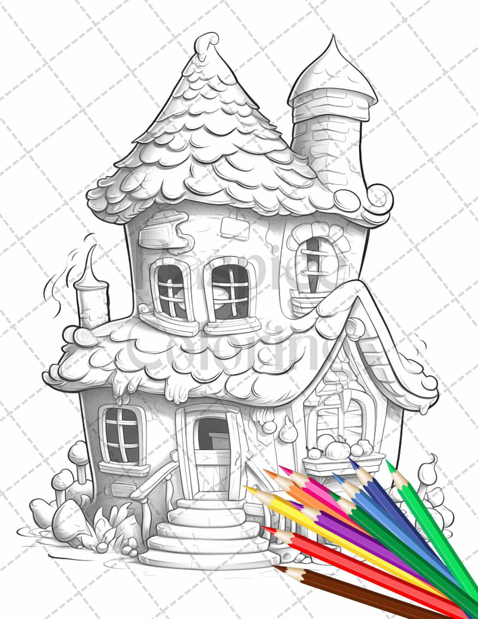 50 Adorable Cake Houses Grayscale Coloring Pages Printable for Adults and Kids, PDF File Instant Download