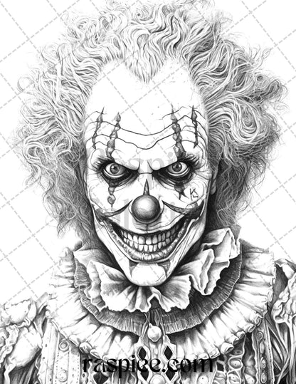 40 Spooky Clowns Grayscale Coloring Pages Printable for Adults, PDF File Instant Download