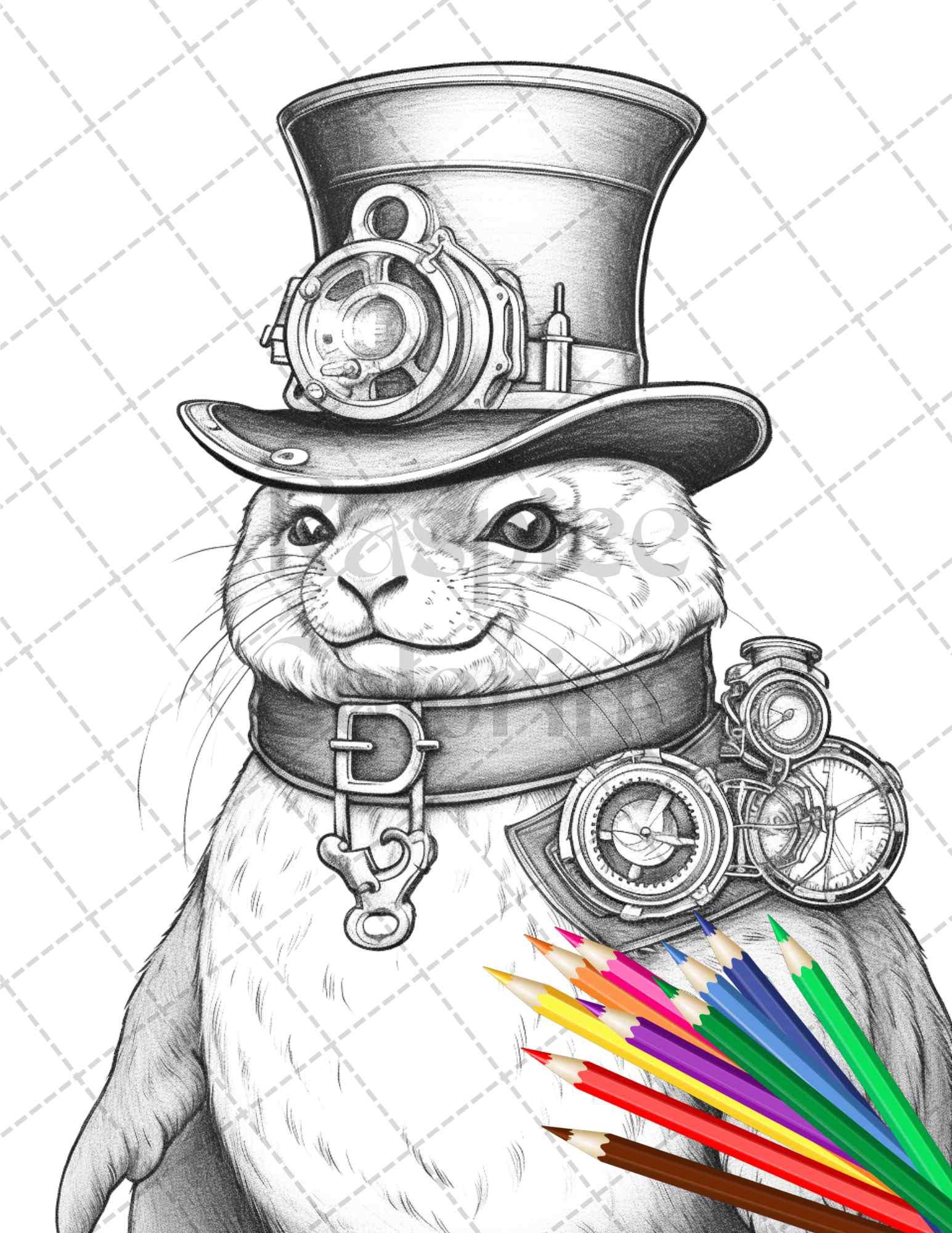 45 Steampunk Animals Grayscale Coloring Pages Printable for Adults Vol. 2, PDF File Instant Download