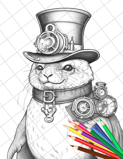 45 Steampunk Animals Grayscale Coloring Pages Printable for Adults Vol. 2, PDF File Instant Download