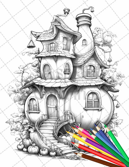 40 Pumpkin Fairy Houses Grayscale Coloring Pages Printable for Adults, PDF File Instant Download