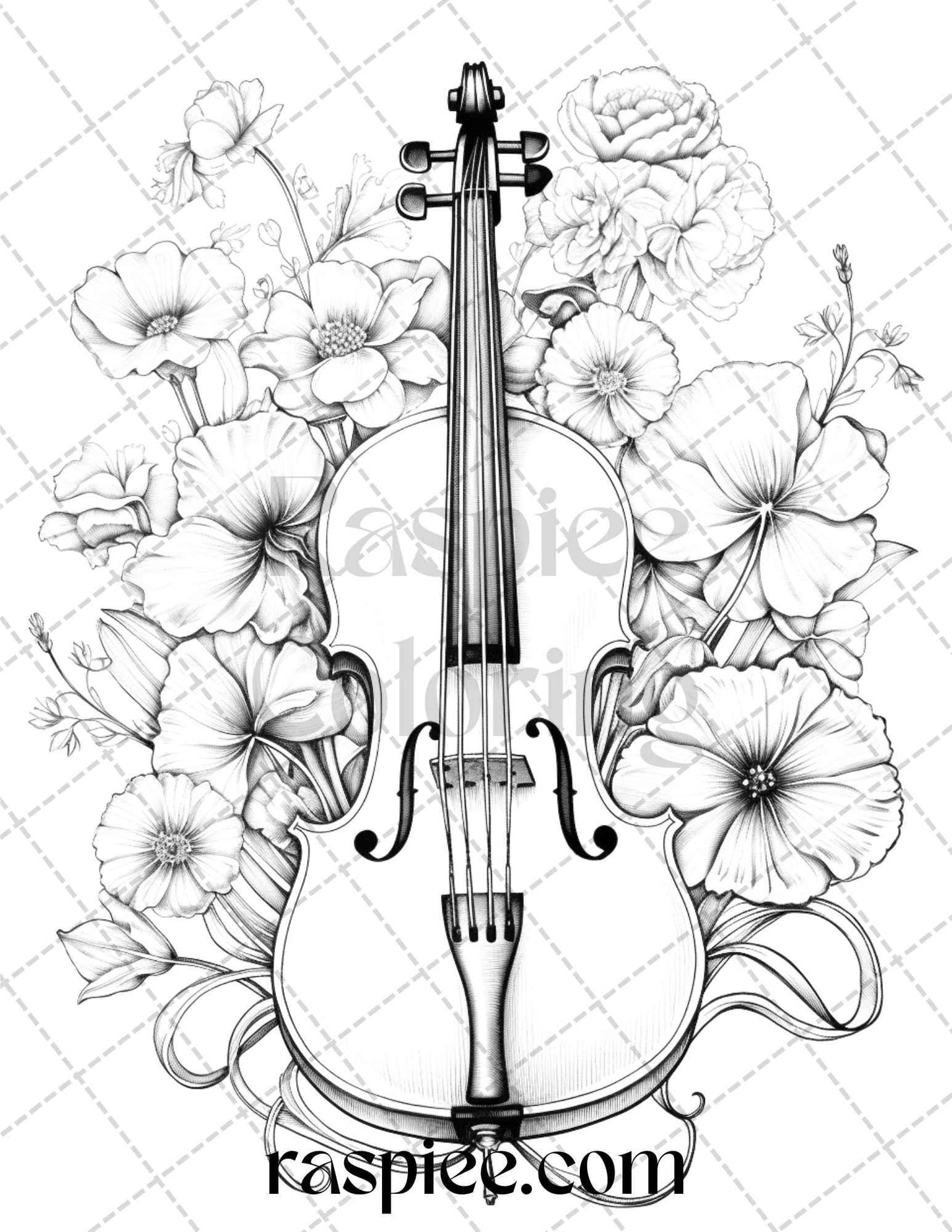 30 Musical Instrument Flower Grayscale Coloring Pages Printable for Adults, PDF File Instant Download