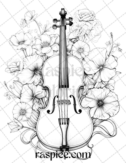 30 Musical Instrument Flower Grayscale Coloring Pages Printable for Adults, PDF File Instant Download