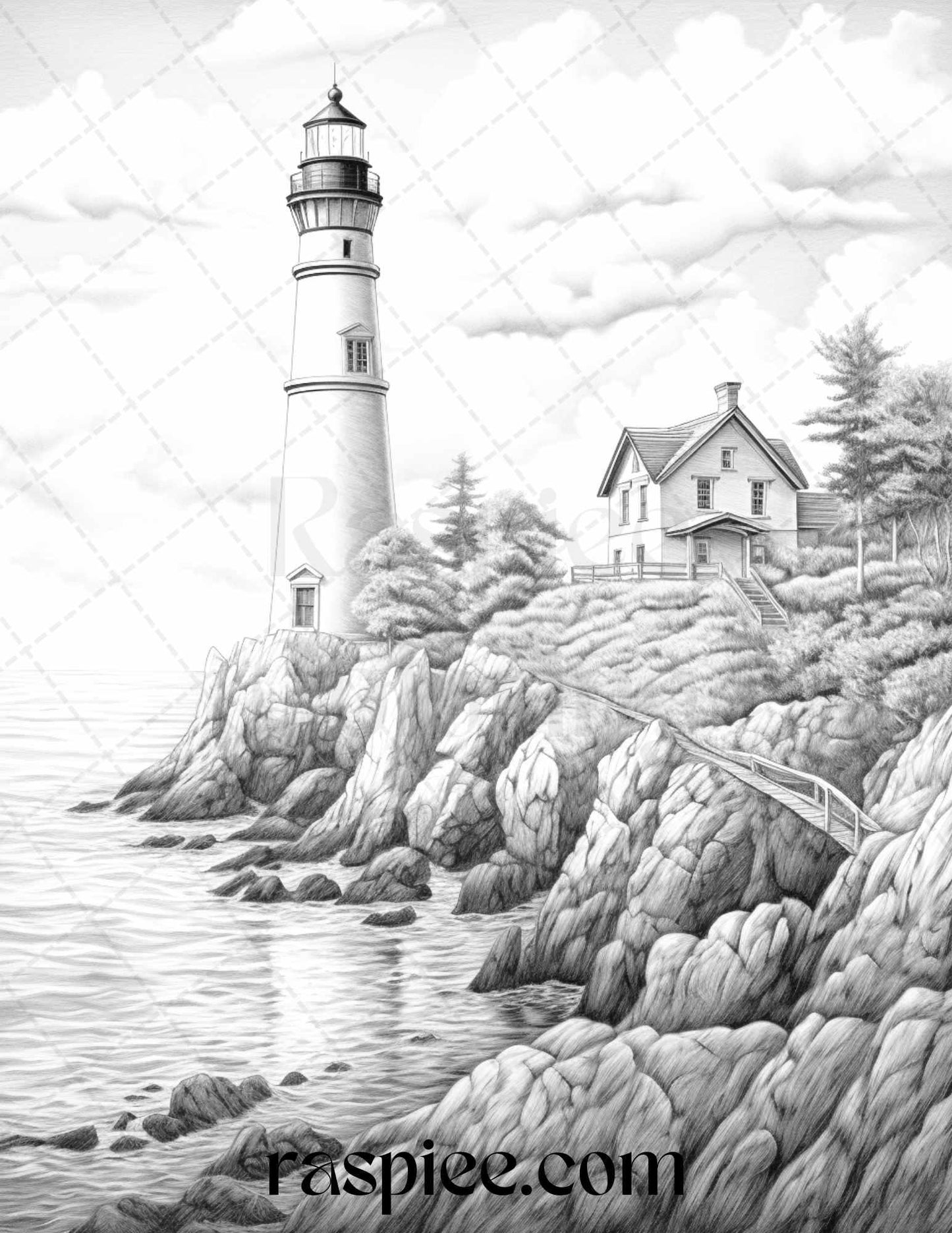 40 Majestic Lighthouses Grayscale Coloring Pages Printable for Adults, PDF File Instant Download