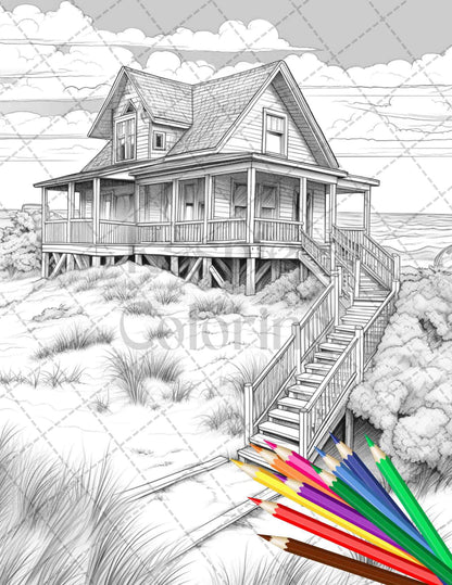 42 Wooden Beach Houses Grayscale Coloring Pages Printable for Adults, PDF File Instant Download