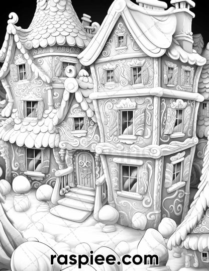 40 Gingerbread Village Grayscale Coloring Pages for Adults, Printable PDF Instant Download