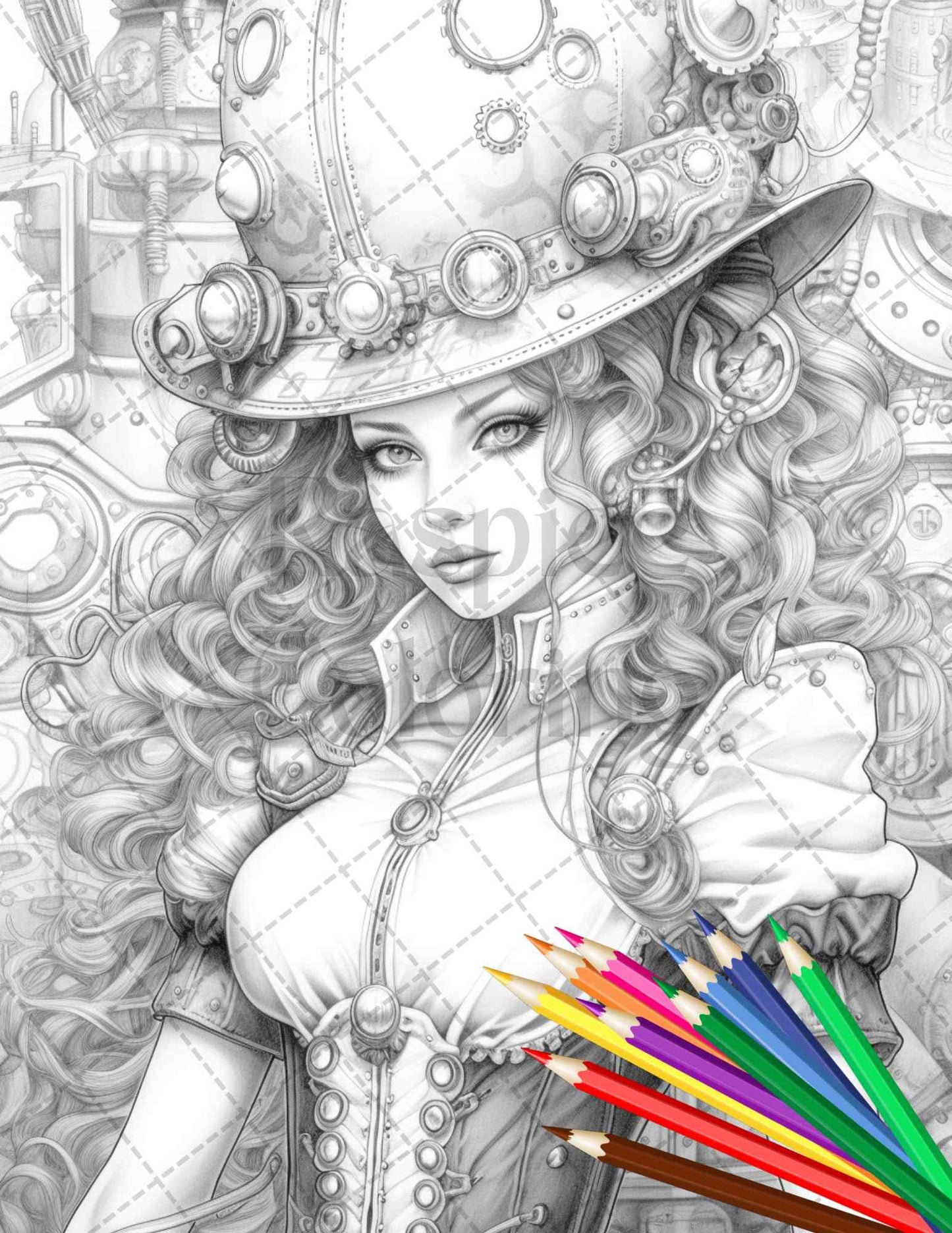 40 Steampunk Ladies Grayscale Coloring Pages Printable for Adults, PDF File Instant Download