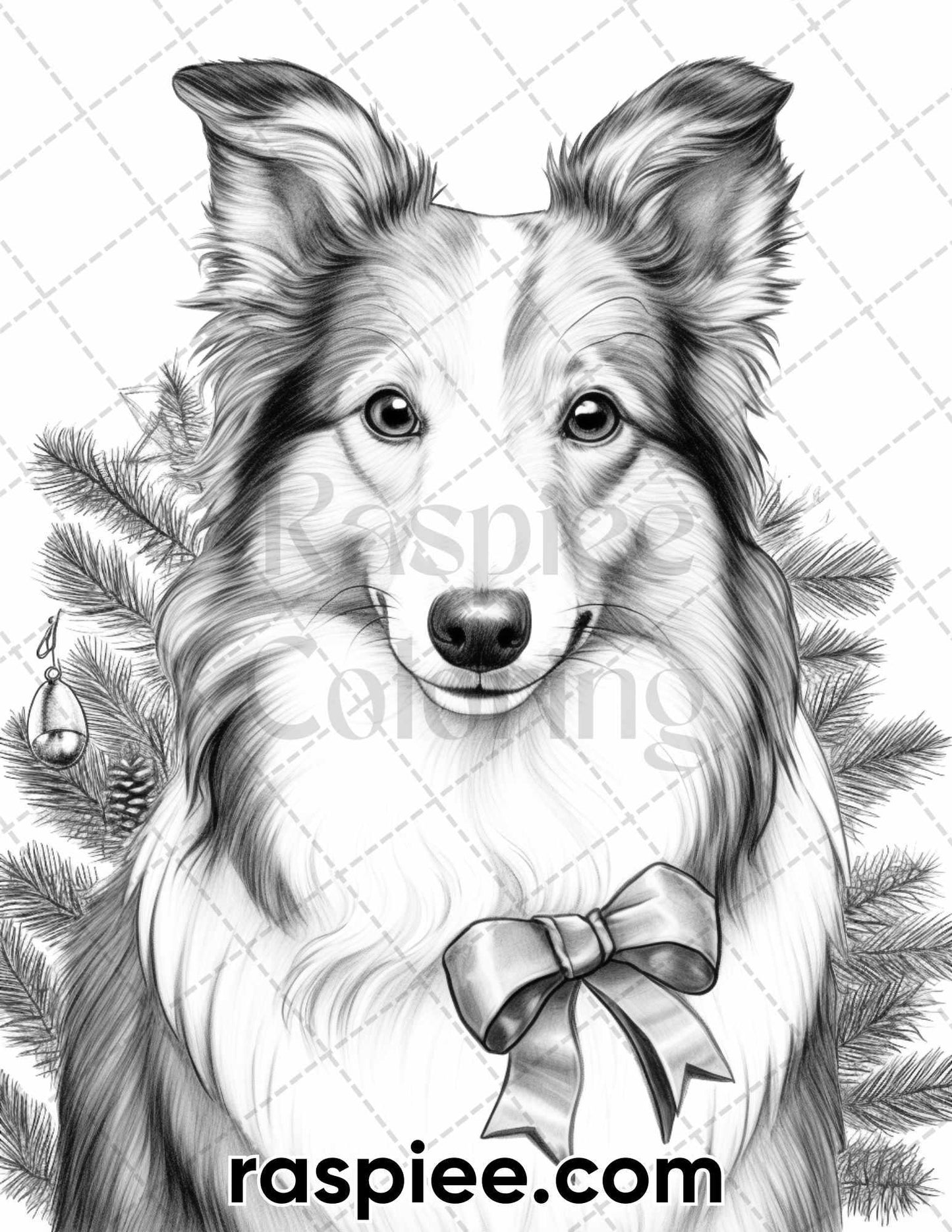 45 Christmas Dogs Grayscale Coloring Pages for Adults, Printable PDF Instant Download