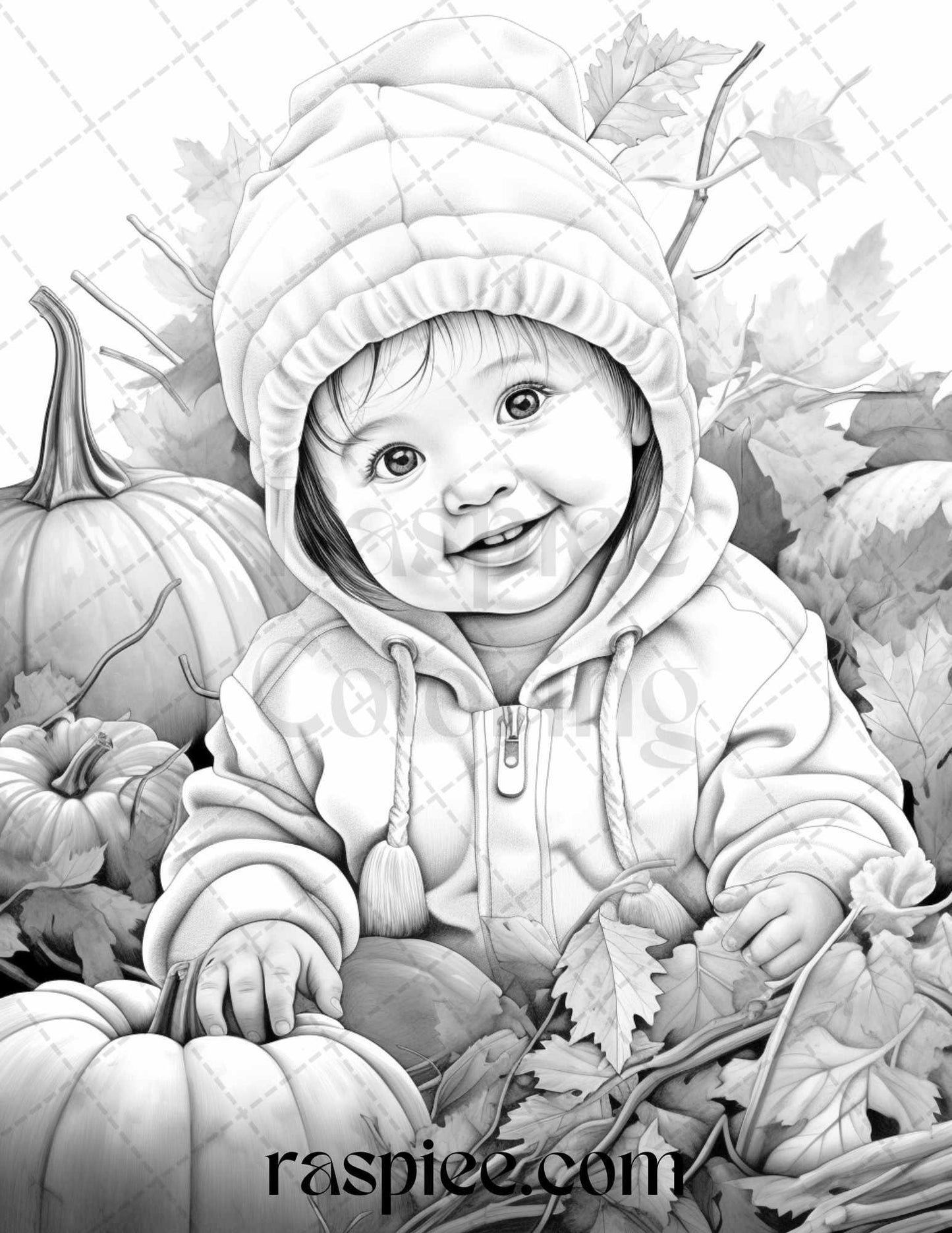 40 Pumpkin Babies Grayscale Coloring Pages for Adults and Kids, Printable PDF File Instant Download