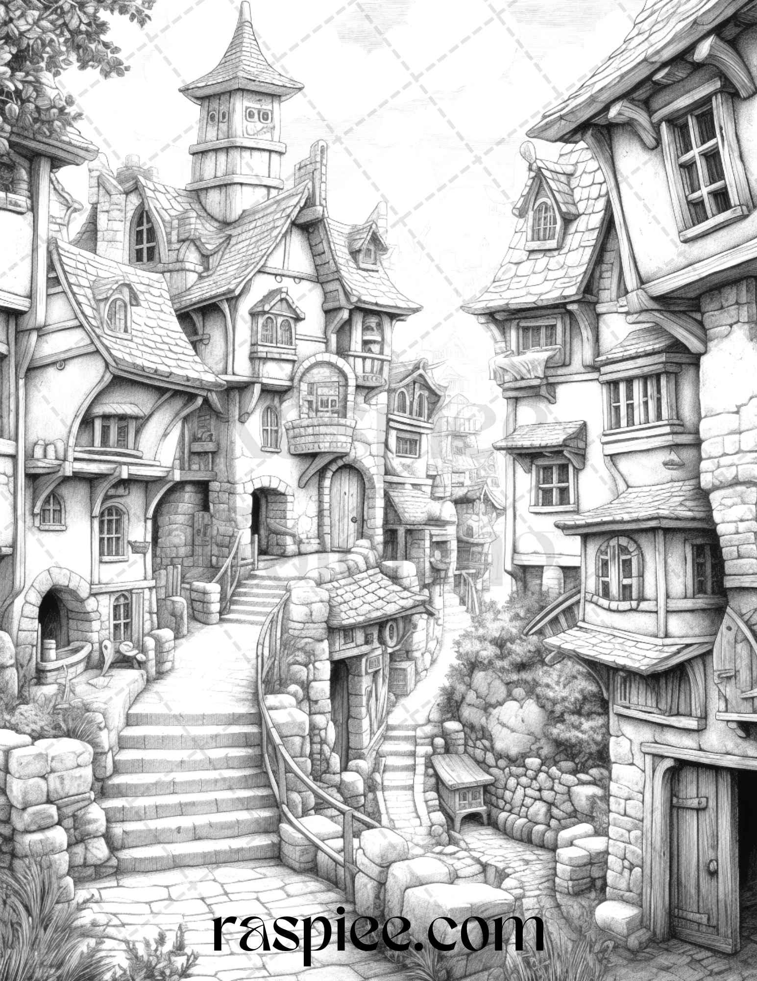 40 Fantasy Village Grayscale Coloring Pages Printable for Adults, PDF File Instant Download