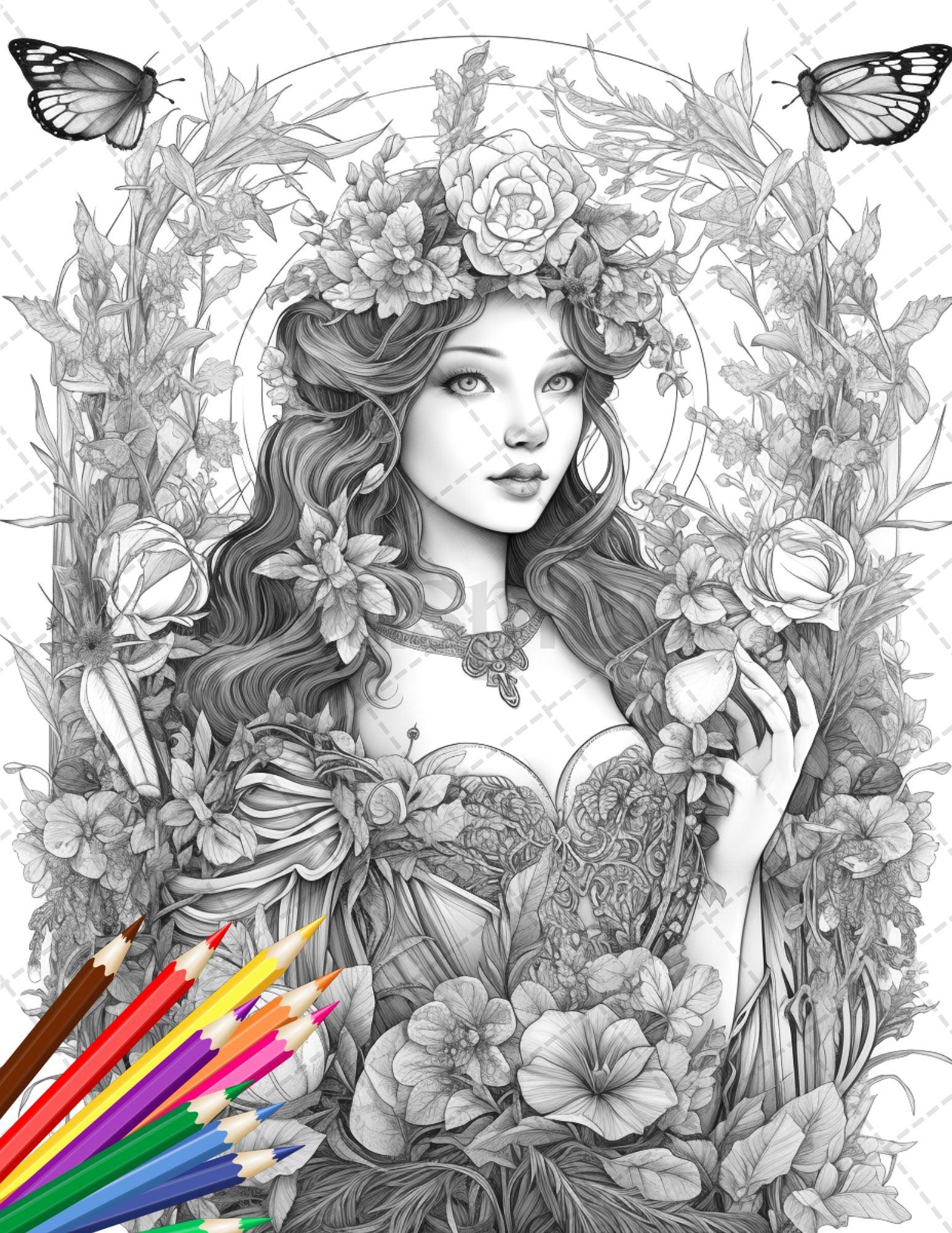 30 Beautiful Fairies Coloring Page Book for Adults, Flower Fairy Grayscale Coloring Book, Fairy Coloring Sheets, Printable PDF File Download