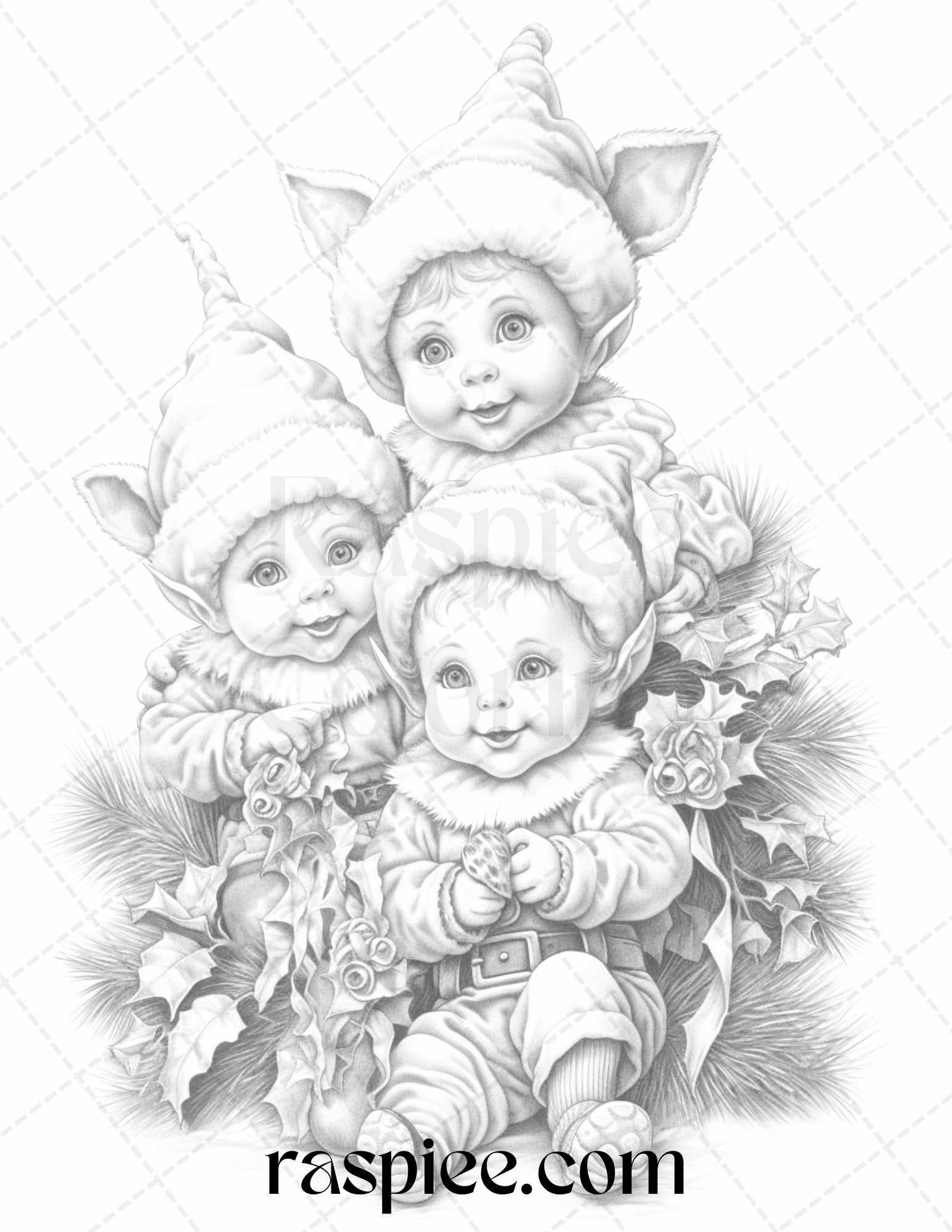 110 Christmas Elves Grayscale Coloring Pages Printable for Adults Kids, PDF File Instant Download