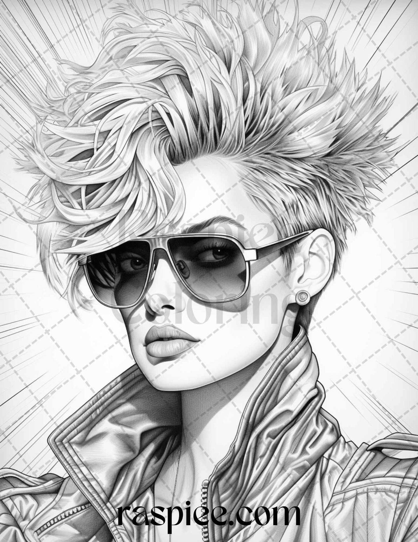 1980s New Wave Pop Star Grayscale Coloring Pages Printable for Adults, PDF File Instant Download