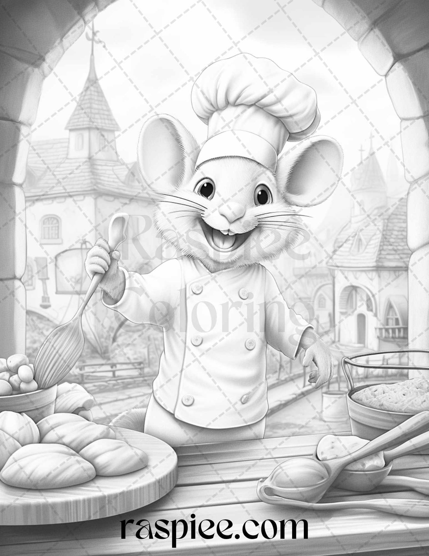 45 Mouse Chef Grayscale Coloring Pages Printable for Adults, PDF File Instant Download