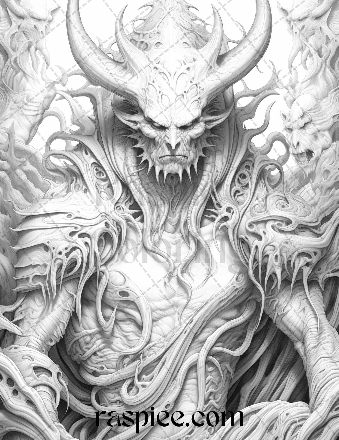 43 Fantasy Demons Grayscale Coloring Pages for Adults, Printable PDF File Instant Download