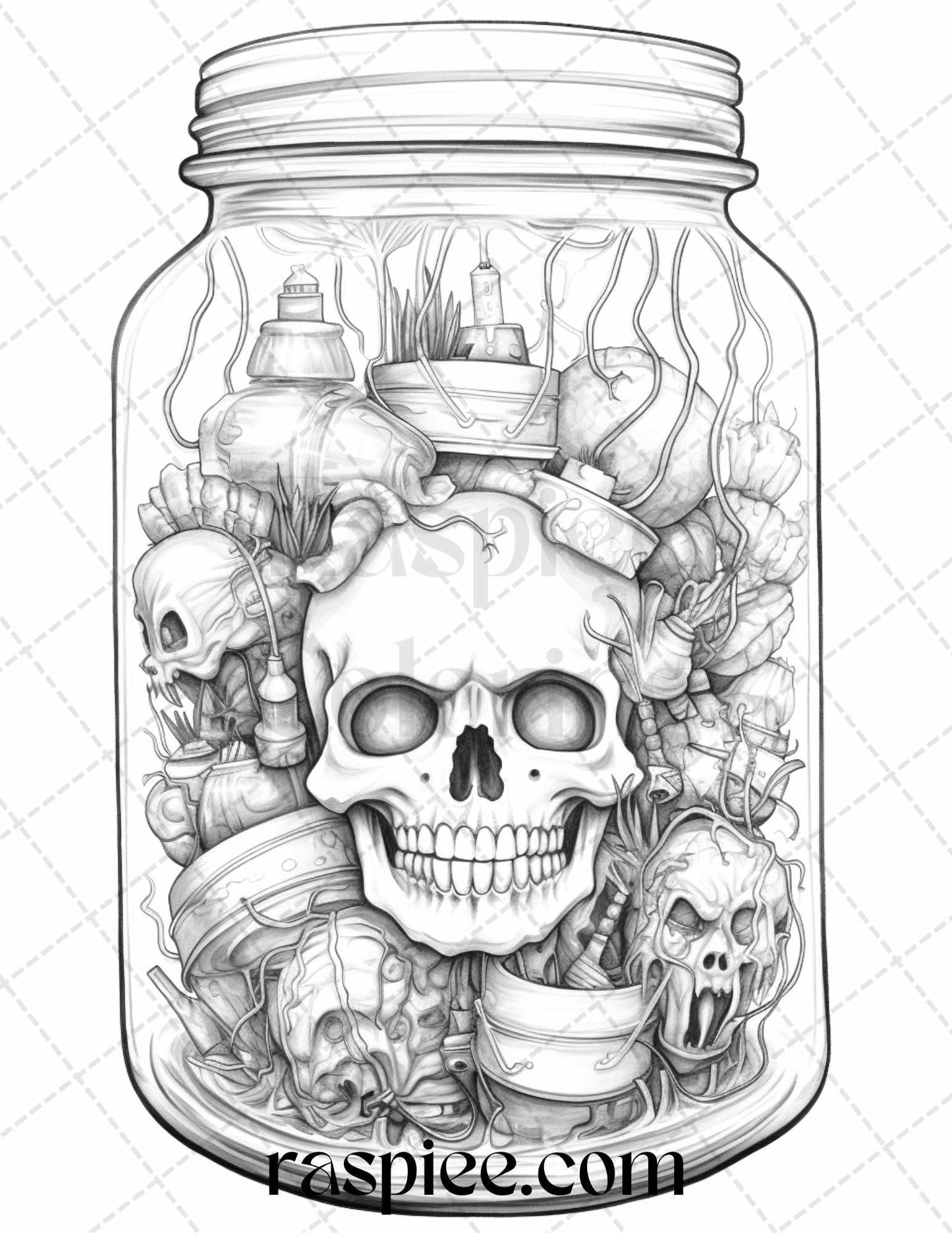 40 Halloween in Jar Grayscale Coloring Pages for Adults, Printable PDF File Instant Download