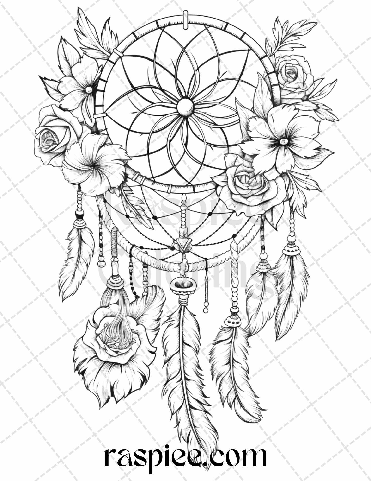 30 Flower Dreamcatcher Grayscale Coloring Pages Printable for Adults, PDF File Instant Download